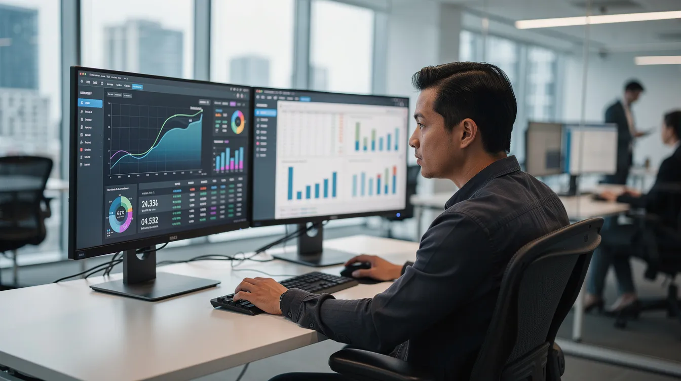 Een persoon analyseert complexe data op meerdere schermen in een moderne kantooromgeving, waarbij gebruik wordt gemaakt van geavanceerde analysetools om actionable insights te verkrijgen. Deze data-driven decision making helpt bedrijven om patronen en trends te identificeren en zo betere strategische keuzes te maken.