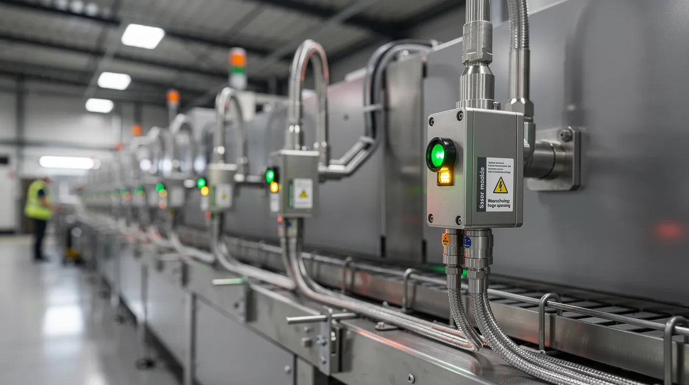 De afbeelding toont industriële sensoren die zijn geïnstalleerd op productieapparatuur in een fabrieksomgeving. Deze sensoren verzamelen real-time data en bieden inzichten in de prestaties van de machines, wat bijdraagt aan data driven decision making en predictive maintenance.